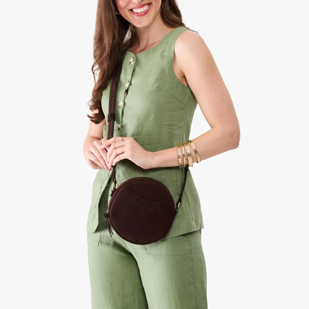 Portland Leather Goods Circle‎ Crossbody Bag Brown Leather Espresso Small Round